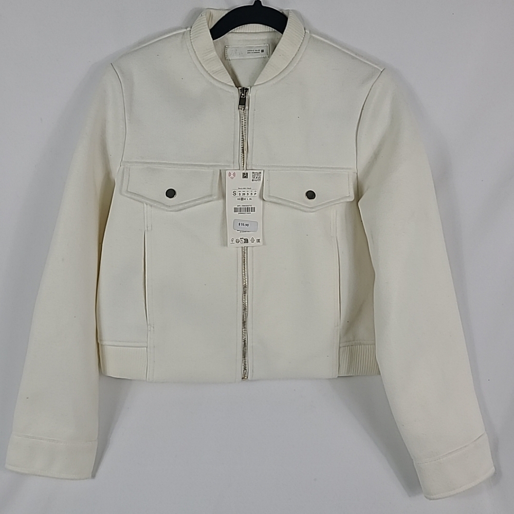 Zara Off-White Cropped Bomber Jacket